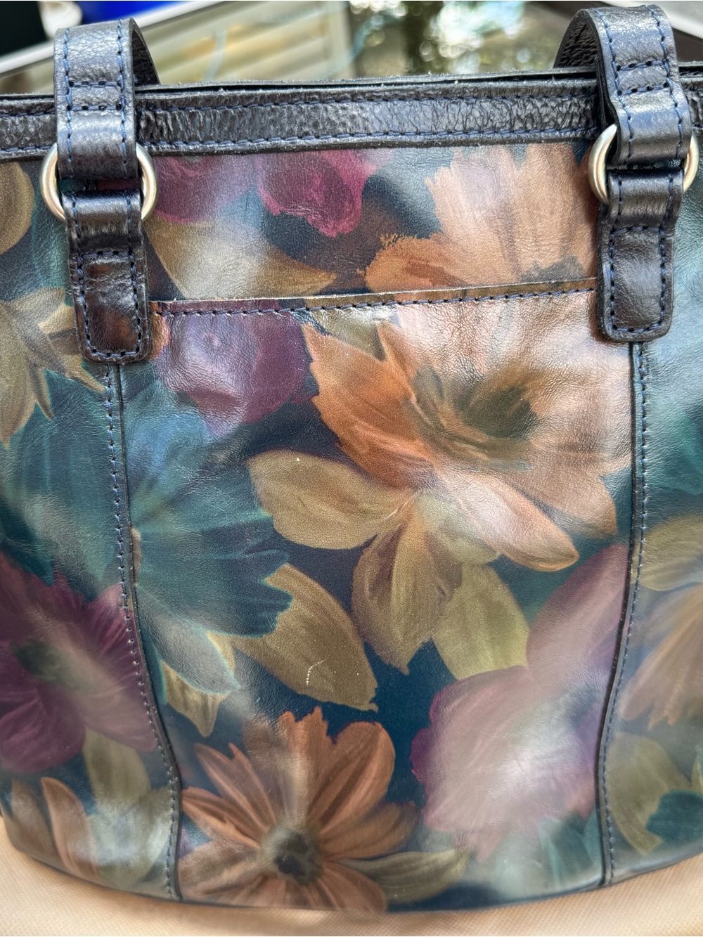 Patricia Nash Navy Floral Leather Tote with Brown Accents - Picture 3 of 5